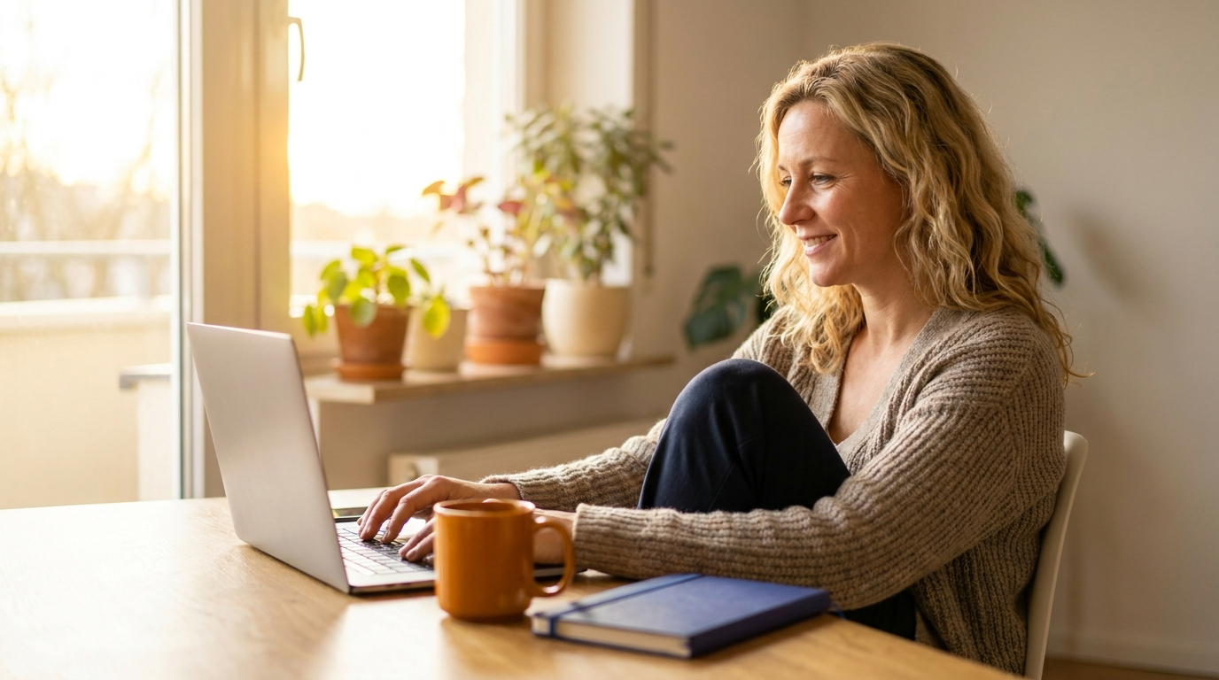 Coach arbeitet entspannt mit Laptop im hellen Home-Office (KI-generiertes Bild)