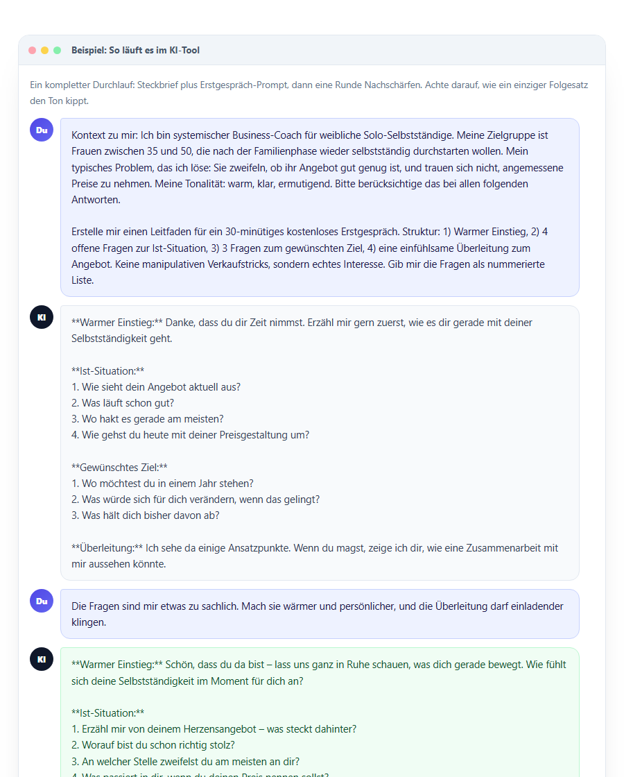 Jede Lektion mit echtem Beispiel-Durchlauf im Chat-Fenster