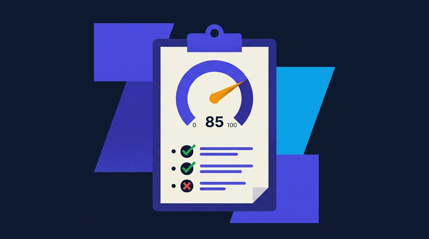Illustration: eine Scorecard mit Punktzahl von 100 und einer Checkliste mit Haken und Kreuzen.